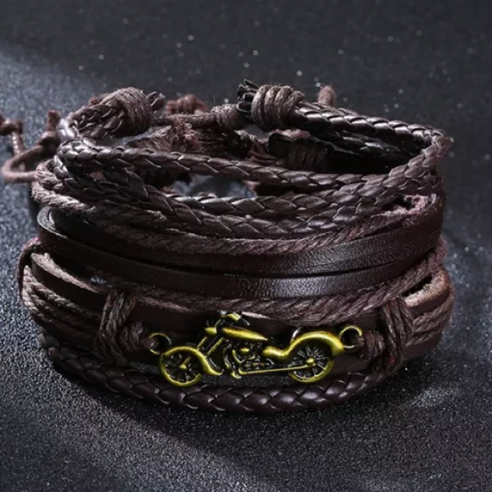 4 pcs Brown Leather bands with bike charm